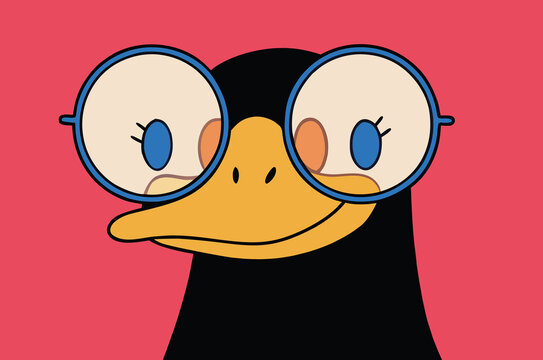 Cartoon duck character wearing glasses on a bright background