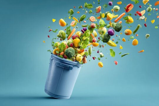 A vibrant explosion of fresh fruits and vegetables bursts forth from a tilted blue bucket.