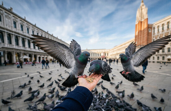 Hand feeding pigeons in a historic city square at dusk