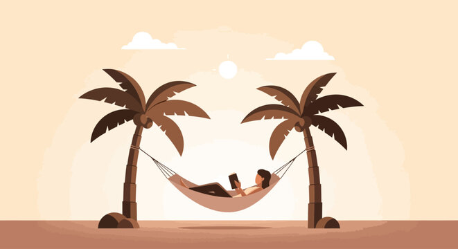 A serene flat design illustration of a person relaxing in a hammock under palm trees, symbolizing peaceful leisure and the ultimate Labor Day unwind.