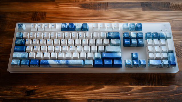 Artisan Mechanical Keyboard with Icy Blue Marble Keycaps and a Frosted Translucent Case