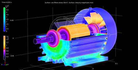 Graph of Von Mises stresses of motor and magnitude of rotor rotation speed. Computer 3d modeling and analysis using computer aided design system. Engine model. Educational drawing of mechanical device © TKalinovskaya