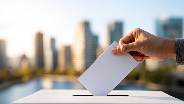 Hand casting a ballot into a voting box with city skyline background.