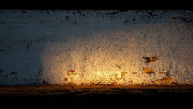A weathered brick wall bathed in warm sunlight creates a striking contrast against the encroaching darkness, highlighting its textured surface and aged beauty.
