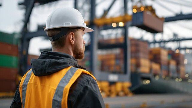 Over-the-shoulder perspective from behind a port worker in fluorescent vest signaling a crane operator, rows of stacked containers in vibrant colors, gantry crane lifting a contain