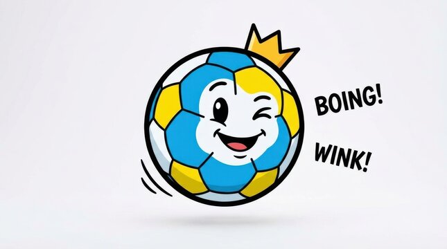 Playful cartoon soccer ball character with gold crown winking and bouncing on white background