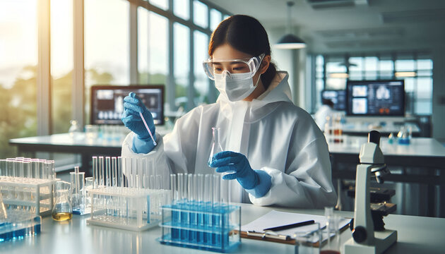 World Laboratory Animal Day laboratory scientist in protective equipment conducting experiment with test tubes highlighting medical research, safety protocols and ethical scientific practices