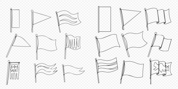 Set of hand-drawn flag and banner doodles, perfect for graphic design and decorative elements.