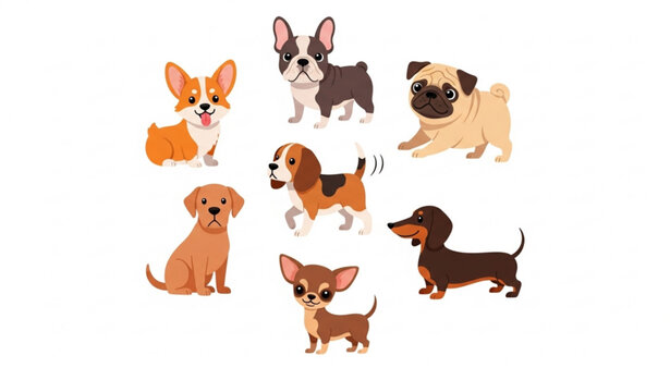 Cartoon dog breed collection with cute pets corgi pug beagle labrador vector
