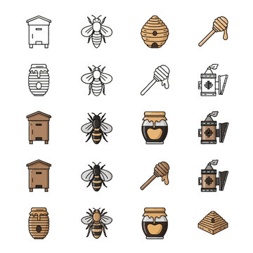 Vector icon set of beekeeping equipment including honey bees, wooden hives, traditional skeps, jars of honey, wooden honey dippers, and metal smokers in a flat line art style.