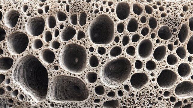 A close-up image of a porous, sponge-like black surface with numerous holes of varying sizes and depths, Living Materials AI technology