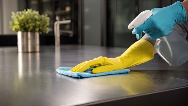 Close-up of hands in protective gloves cleaning a kitchen countertop with spray cleaner.