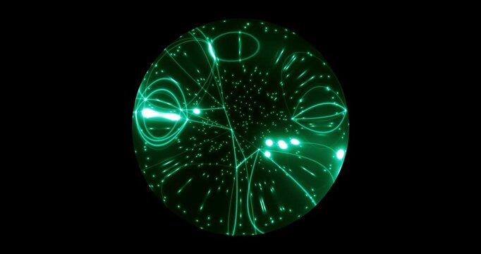 Seamless loop. An abstract luminous sphere demonstrates the dynamic motion of particles moving in a circle. The internal structure of many intertwining lines and dots alternately disintegrates and ref