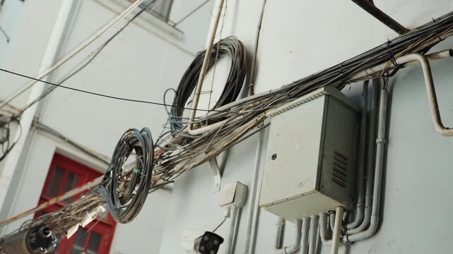 Coiled cables and junction box closeup, pulley wheel and conduit details technician splicing lines, inspector testing tension, rooftop installer securing clamps gritty industrial texture, corrosion