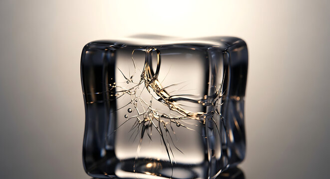 Ice cube features intricate internal cracks illuminated by a soft light against a neutral backdrop.
