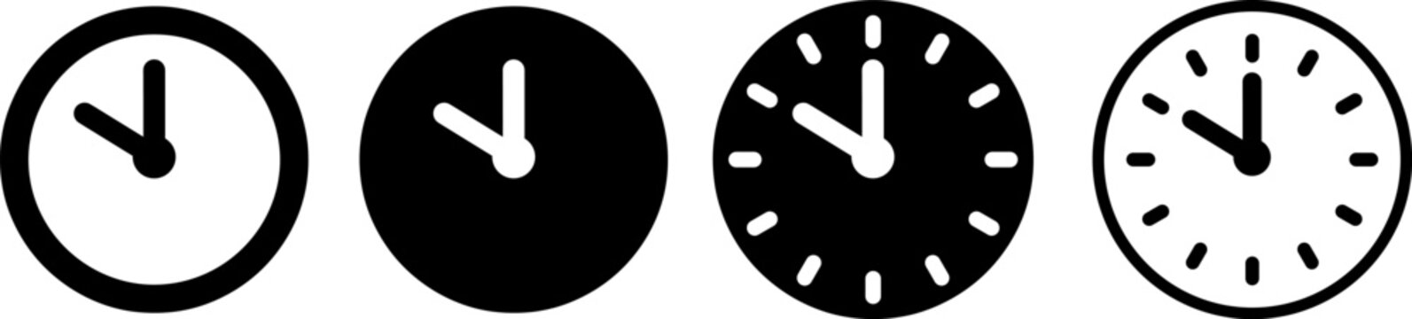 Set of four monochrome vector clock icons displaying the same time, perfect for modern digital interface design elements, illustrating schedule and deadline concepts.