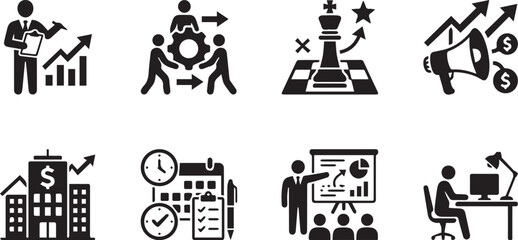 Fototapeta premium Business Icons Representing Strategy: A collection of concise, symbolic illustrations captures the essence of strategic operations, leadership, and forward planning within a business setting. 