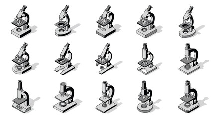 Fototapeta premium Isometric illustration of fifteen microscopes arranged in rows on a surface