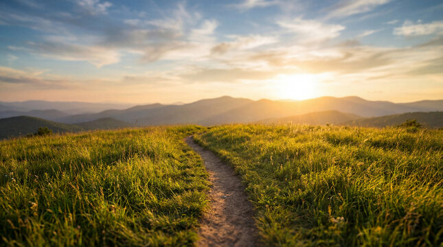 Serene natural landscape with a winding dirt path leading towards a vibrant sunset over rolling mountains.