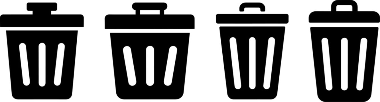 Simple black trash bin vector graphic icons set showing various container styles for digital user interface designs or software deletion buttons on your modern computer screen