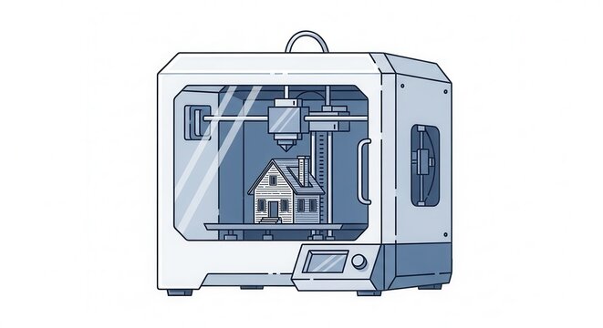 Three dimensional printer creates a miniature house model inside its chamber.
