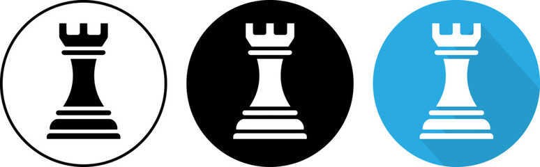 Minimalist vector graphic set showing stylized chess rook pieces inside circular badges for modern game interface design projects requiring professional board game asset visual elements © MOHAMMAD RABBI