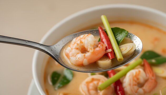 Delicious Tom Yum soup with a plump shrimp and aromatic herbs on a silver spoon