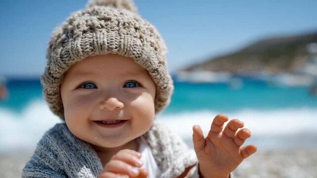 Side-angle close-up of joyful baby wearing knit hat, sand on tiny hands, turquoise sea in background, sunlight illuminating face and hat textures, happy summer holiday and beach po
