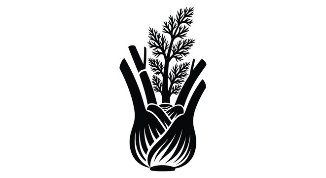 A stylized black and white illustration of a fennel plant