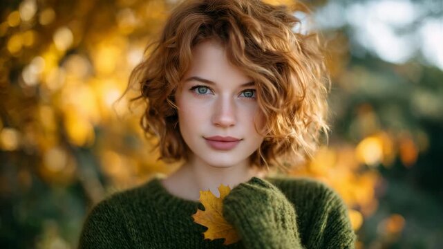 Side-angle portrait of curly-haired redhead woman holding an oak leaf in front of her face, soft focus on orange and yellow leaves in background, green sweater contrasting with aut