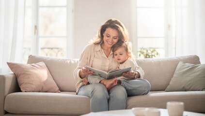 Obraz premium A heartwarming scene of a mother and child sharing a quiet moment together, reading a book on a comfortable couch in a well-lit living room with large windows.