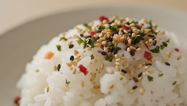 Fluffy white steamed rice topped generously with a colorful mixture of furikake seasoning