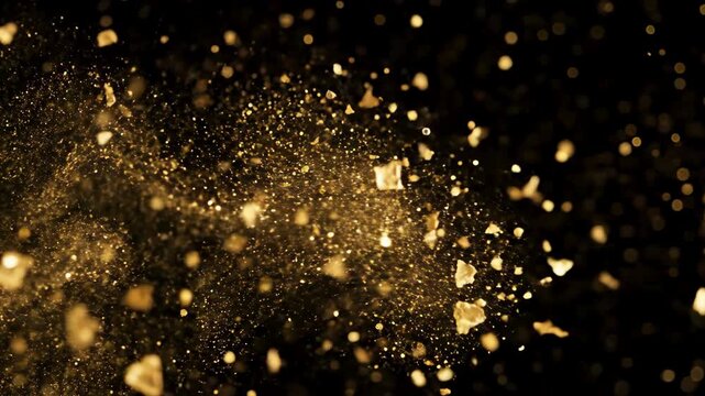 A stunning abstract depiction of golden particles and glittering dust exploding outwards against a deep black background creating a dynamic effect