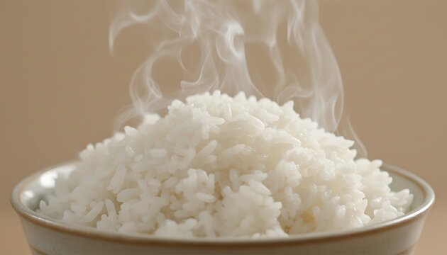 Freshly cooked hot steamed white rice in a ceramic bowl emitting steam