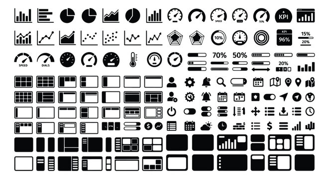 Minimalist data visualization icon set, professional business dashboard UI elements, black vector infographic charts and analytics symbols for web design