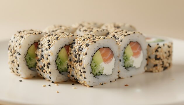 Freshly prepared delicious salmon avocado maki rolls coated with sesame seeds