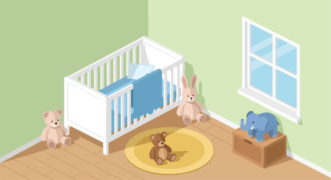 An isometric view of a cozy nursery with a white crib and various plush toys