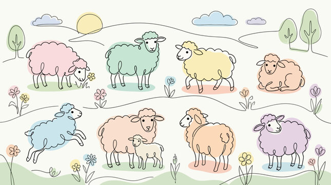 Colorful sheep in a field illustration.
