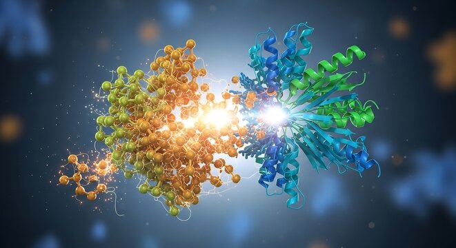 Detailed 3D Rendering of Protein Interaction and Molecular Bonding.