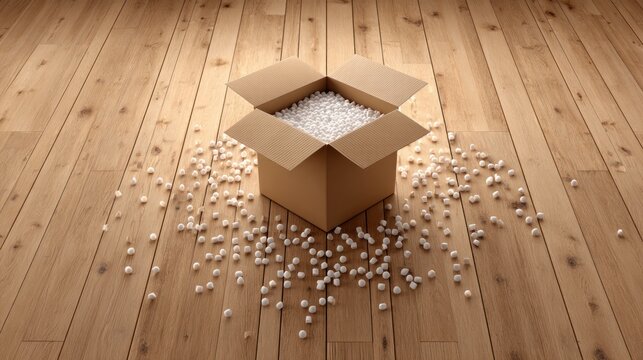 Open cardboard box filled with packing peanuts on light wooden floor