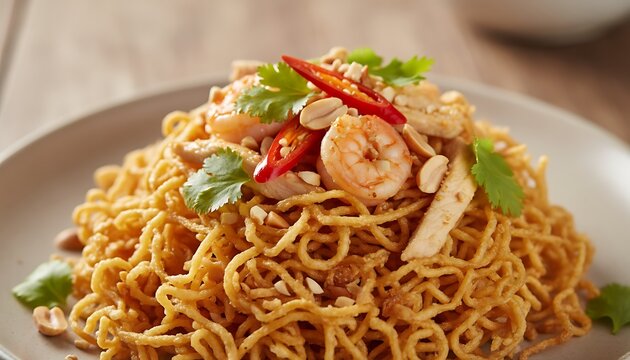 Golden fried noodles topped with succulent shrimp, chicken, peanuts, and vibrant red chilies