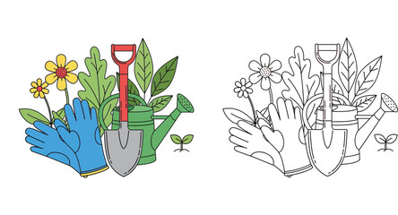Gardening Tools Vector Illustration Set: Color and Line Art Versions Featuring Gloves, Shovel, Watering Can, Flowers and Leaves for Hobby, Planting and Coloring Book Page Design Projects. © SHOHAG