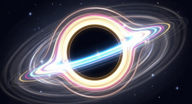 Glowing rings of light encircle a dark abyss in deep space.