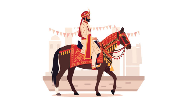 A groom in traditional Indian wedding attire riding a decorated brown stallion