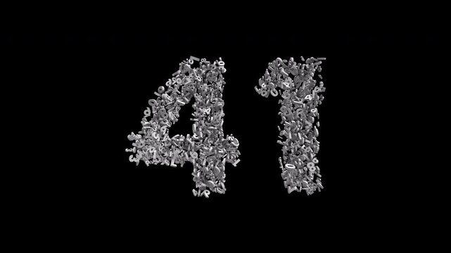 Number 41 Formed by Small Digits Animation with Alpha Channel. Typographic Number Formation Effect. Digital Number Made of Numbers. 3D Font Typographic Animation. Transparent Background