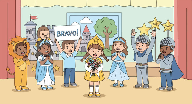 A group of children in costumes performing on a theater stage with a castle backdrop