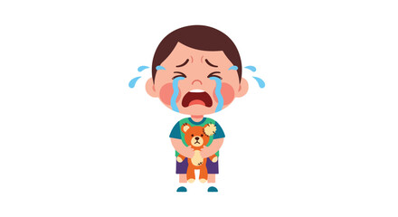 Fototapeta premium A sad young boy crying while clutching a worn, patched teddy bear in his arms