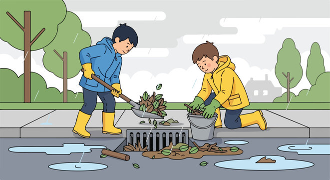 Two children in raincoats clear wet debris and leaves from a city storm drain