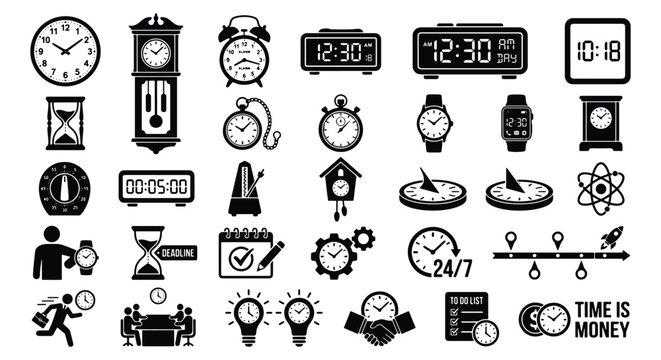 Black and white clock icon set, 30 time management vector symbols, flat watch and timer illustrations for business productivity and scheduling
