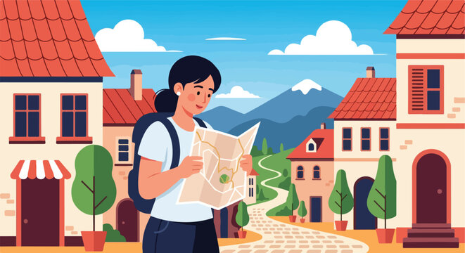 A woman with a backpack navigates a cobblestone path using a paper city map